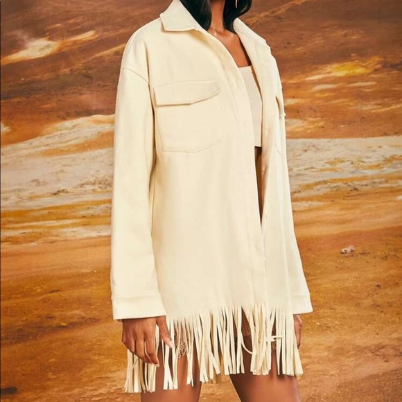 Cream Flap Pocket Drop Shoulder Fringe Hem Overcoat Sz XS New - Picture 4 of 5